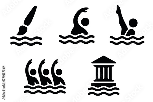 Swimming activities and art symbols: minimalist black icons collection