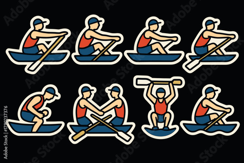 Rowing team sports icons: dynamic paddling poses with retro design
