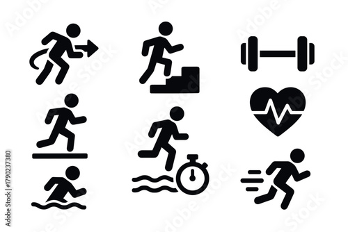 Fitness icons: cardio, running, swimming, and exercise symbols in black