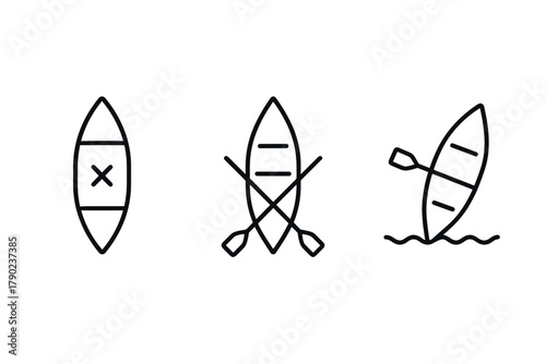 Minimalist canoe and paddle icons set for outdoor adventure themes
