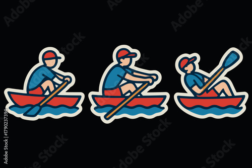 Dynamic rowing canoeing stickers: flat design with paddling action