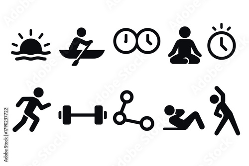 Active lifestyle icons: fitness, exercise, meditation, time management