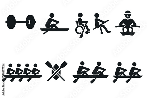 Rowing and fitness silhouette icons including adaptive rowing