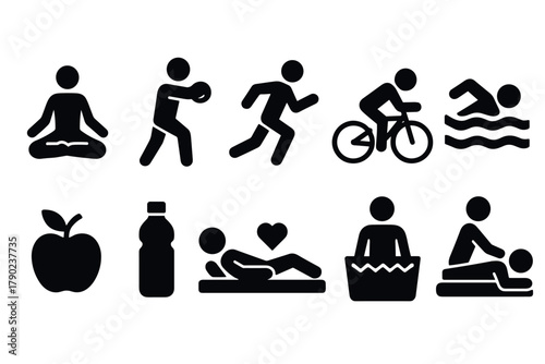 Silhouette icons of fitness and wellness activities: yoga, running, and more