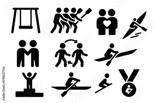 Stylized sports and teamwork icons set in simple silhouette design