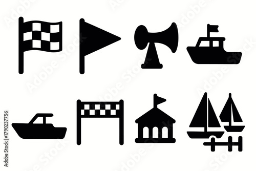 Silhouette sailing icons: nautical flags, boats, and race elements