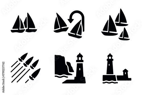Sailing and lighthouse icons collection in bold black silhouette style