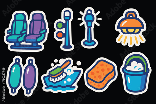 Colorful urban and cleaning icons in modern sticker style