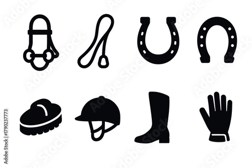 Equestrian gear silhouettes: bridles, stirrup, horseshoes, hats, boots, and gloves