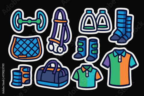 Colorful fitness and equestrian gear stickers collection