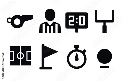 Sports icon set: whistle, referee, scoreboard, goalpost, field, flag, stopwatch, ball