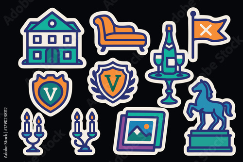 Colorful linear icons of luxury and leisure items