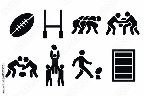Rugby icon set: simplistic black silhouettes of players and equipment