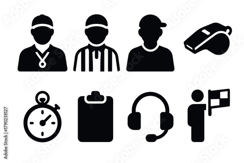 Silhouette icons of sports officials and equipment: referee, coach, whistle, stopwatch, headset