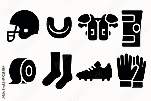 American football gear icons: helmet, jersey, shoulder pads, gloves, socks, cleats