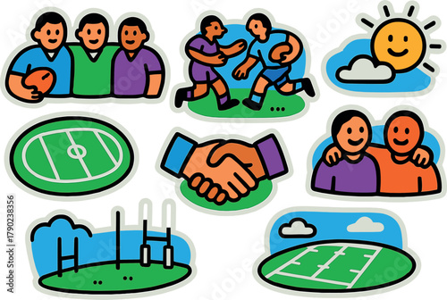 Colorful rugby stickers: teams, fields, and sportsmanship depictions