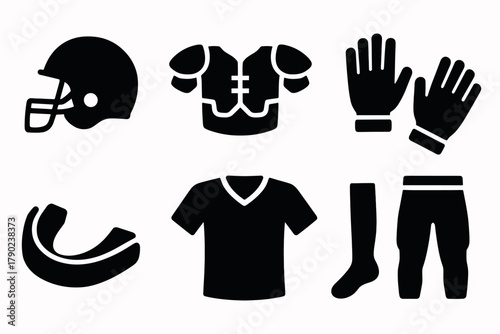 Silhouette icons of american football gear: helmet, pads, gloves, mouthguard, shirt, pants