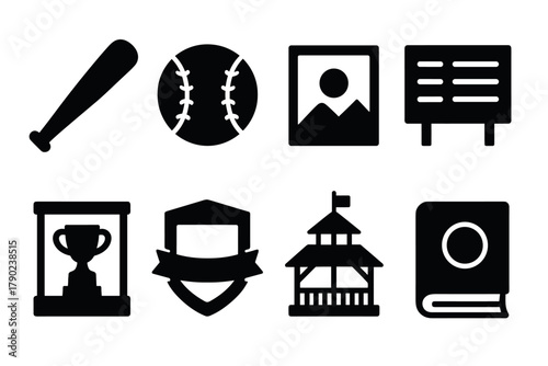 Silhouette icons of baseball, trophy, and more: bold black symbol set
