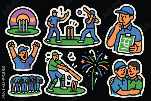 Cricket sticker set featuring players, umpire, batting, and celebration scenes