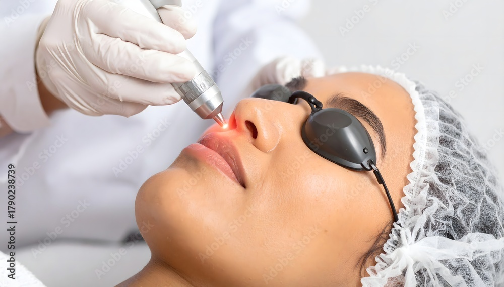 Naklejka premium Woman receiving laser facial treatment on nose with protective eye shields, cosmetic dermatology close-up