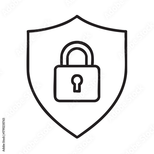 A simple black and white line art illustration depicts a shield with an unlocked padlock inside