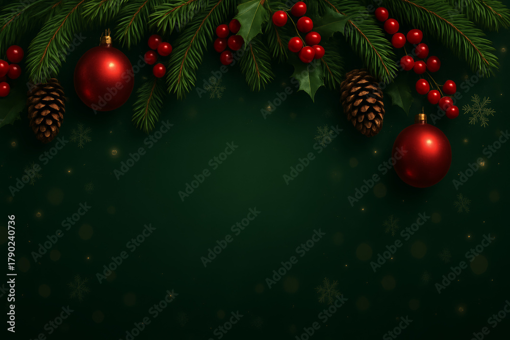 Naklejka premium Elegant Festive Holiday Decoration with Pine Needles Ornaments and Holly Berries