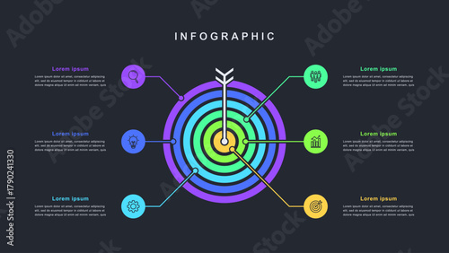 Target concept infographic with icons 6 steps for business strategy, goal achievement, marketing plan, and process visualization
