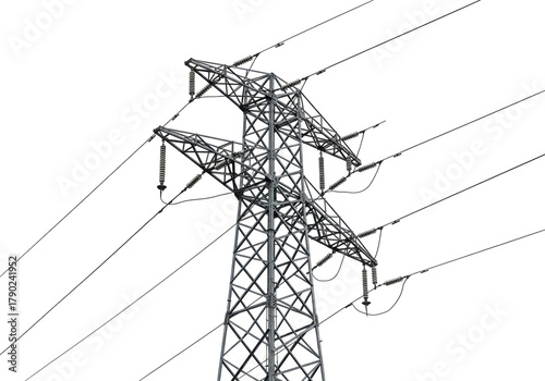 Isolated metal lattice steel electricity pylon tower high voltage power grid conductor cables lines