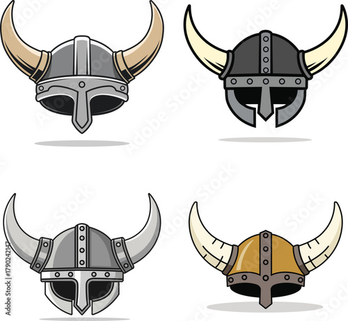 Viking Helmet Vector Set with Horns Medieval Warrior Helmet Collection