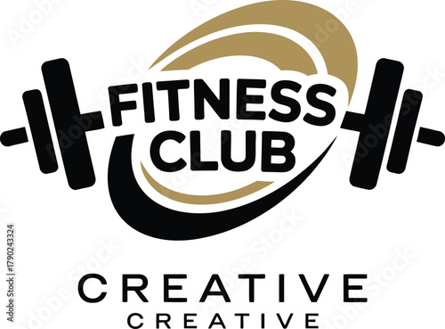 Fitness Club Logo with Dumbbells and Swoosh Keywords: fitness, club, logo, gym, health, sport