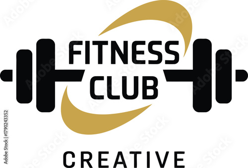Fitness Club Logo with Dumbbells and Swoosh Keywords: fitness, club, logo, gym, health, sport