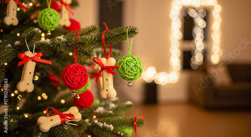 Christmas tree decorated with dog biscuits and cat toy balls  