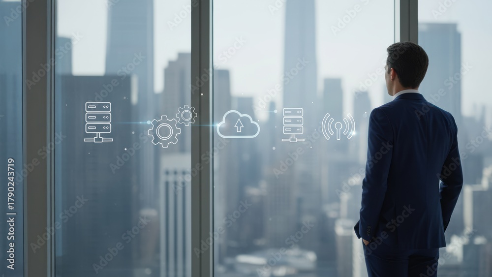 Fototapeta premium A businessman near a glass window overlooking city skyline with iot icons, symbolizing smart buildings and internet of things technology