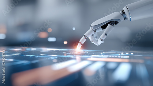 Artificial intelligence robotic arms touch the future of a better life - a technology theme.