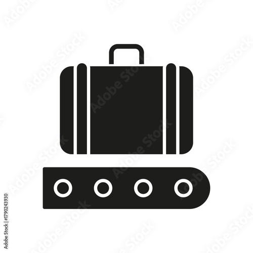Luggage On Conveyor Belt Solid Icon. Airport Baggage Handling And Travel Transportation Silhouette Symbol. Efficient Luggage Management In Terminal. Isolated Vector Illustration