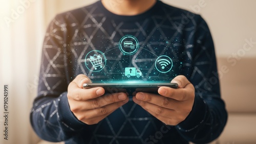 A hands holding a smartphone with holographic shopping icons for smart retail and internet of things technology