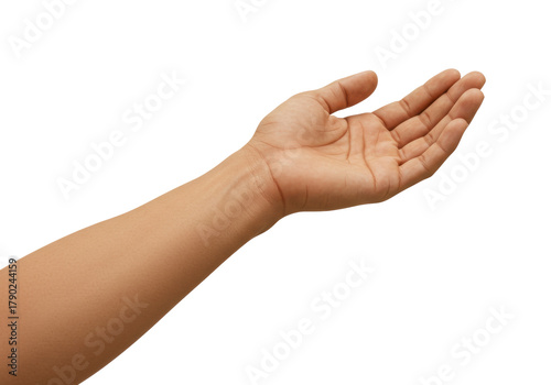 Isolated hand offering gesture, studio shot of human arm reaching out, offering a helping hand