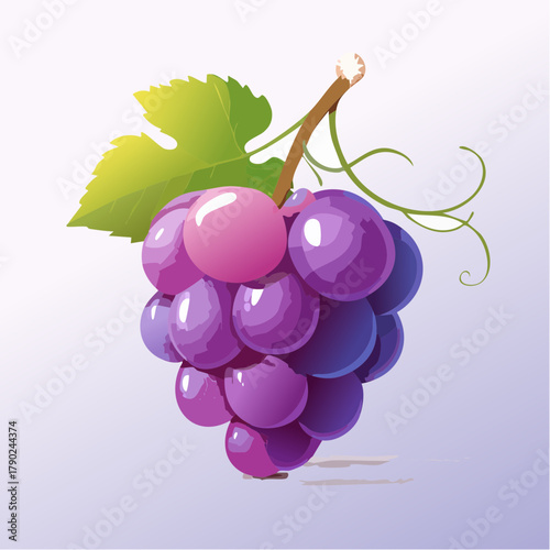 A plump purple grape resting delicately on its stem with smooth texture and radiant highlights.