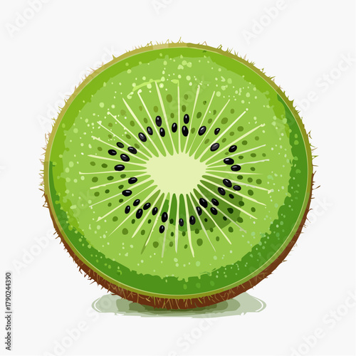 A fresh kiwi sliced vertically showcasing its radiant green flesh and symmetrical black seeds.