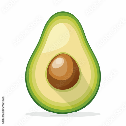 A sliced avocado with vibrant green flesh and a smooth brown pit resting in the center.