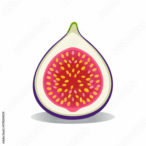 A single fig halved to expose the brightly contrasting pink and dark seeds inside the flesh.