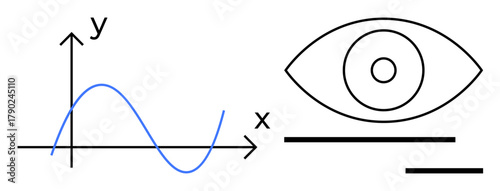 Blue graph curve on X-Y axis next to a stylized eye, representing data interpretation, observation, analytics, insights, monitoring, research, and visual communication. A simple flat metaphor