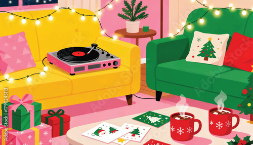 Vintage holiday living room with vinyl record player, Christmas gifts, and glowing lights, nostalgic festive vector illustration in cozy retro watercolor style