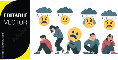 Sad People and Rainy Clouds Emoticons Keywords: sad, people, depression, anxiety, emotion