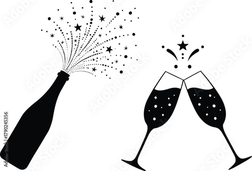Champagne Bottle Popping and Toasting Flutes Silhouette Icon Set for Celebration and New Year Vector.