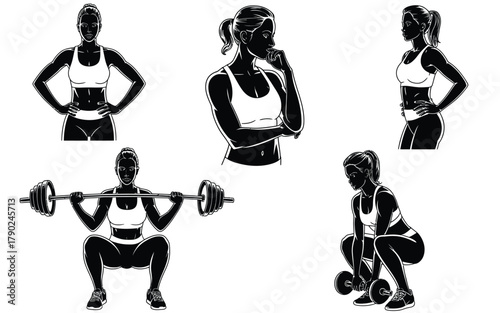 Silhouette Women Exercising with Weights and Posing