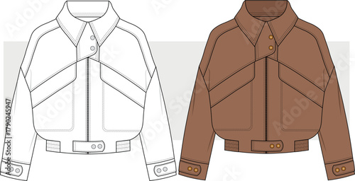 Unisex biker suede leather jacket fashion technical drawing, illustration. Style jacket, coat fashion sketch vector. Cad, Mockup.