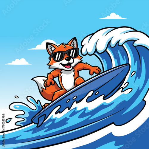 A cool cartoon fox wearing sunglasses is happily surfing on a big blue ocean wave under a clear sky.