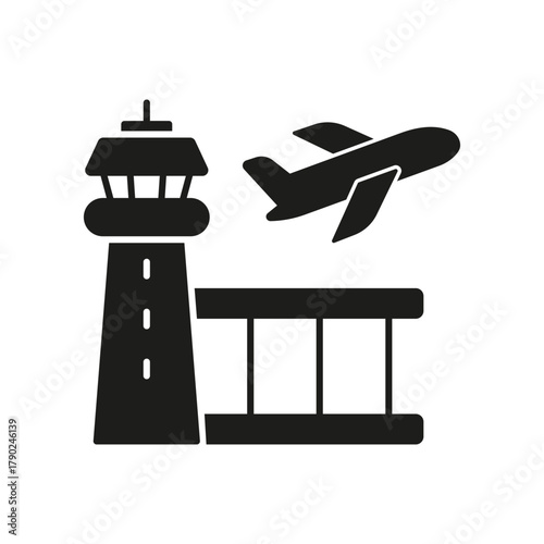 Airport Control Tower With Airplane Solid Icon. Aviation Management, Air Traffic Control, And Airport Operations Silhouette Symbol. Travel, Flight Safety. Isolated Vector Illustration