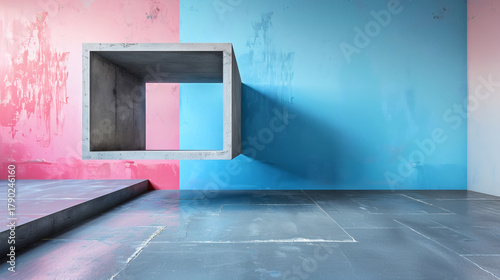 Fototapeta Naklejka Na Ścianę i Meble -  Minimal concrete cube floating in abstract empty room with pink and blue walls